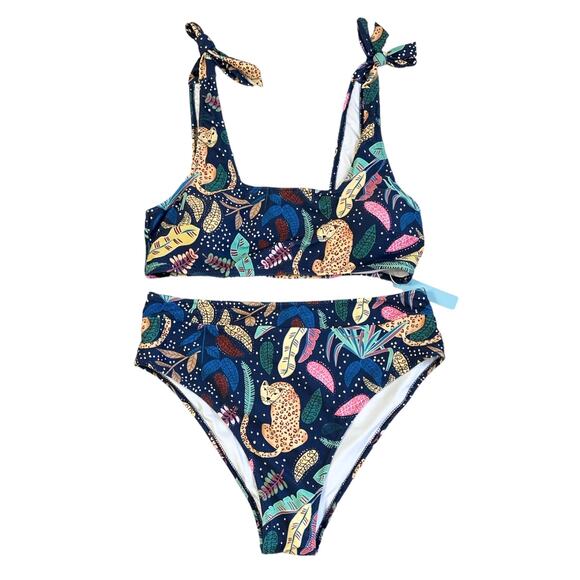 NWT Cheetah Print Mutilcolor Safari Two Piece High Waist Boho Bikini Size Large - Picture 2 of 11